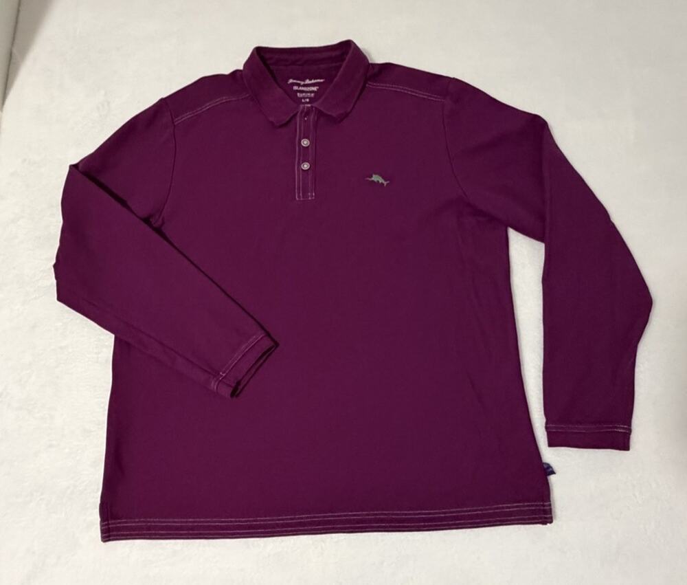 Tommy Bahama Mens Long Sleeve Polo Shirt Quarter Button Cotton Purple Size L